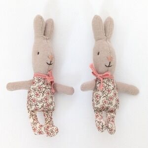 Maileg My Size Baby Rabbit Bunny Doll Rose Floral Fabric 4" Set Of 2